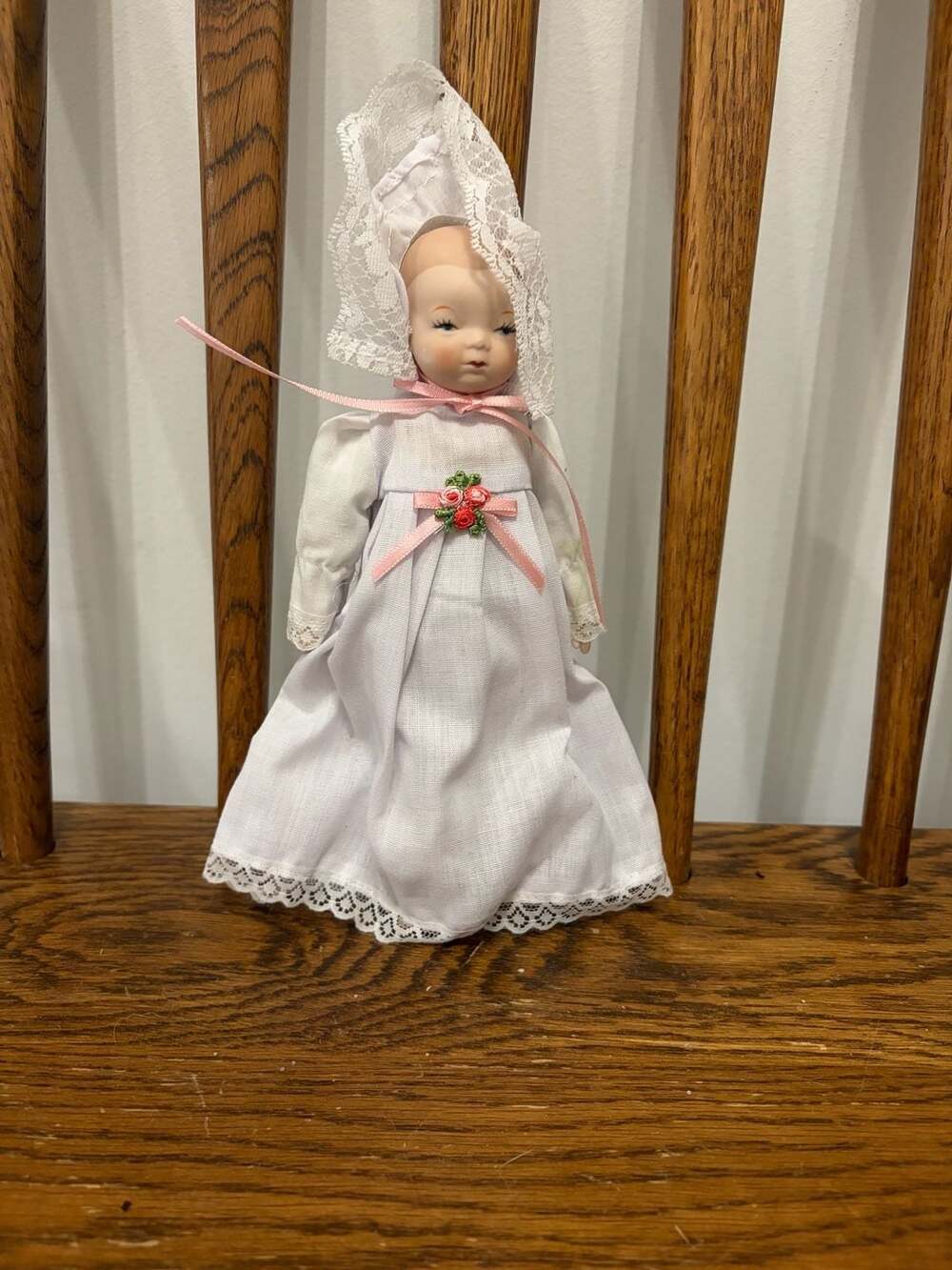 Vintage Porcelain Head Doll with Lace Bonnet